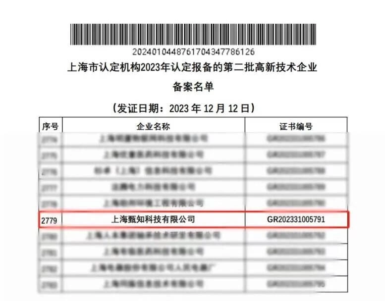 获上海市“高新技术企业”称号