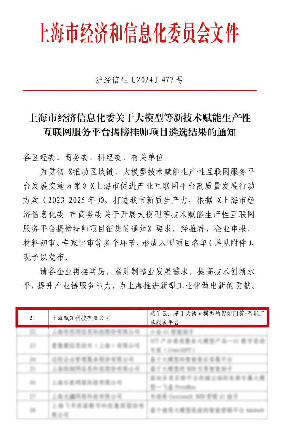 入选上海市大模型赋能生产性互联网服务平台项目名单